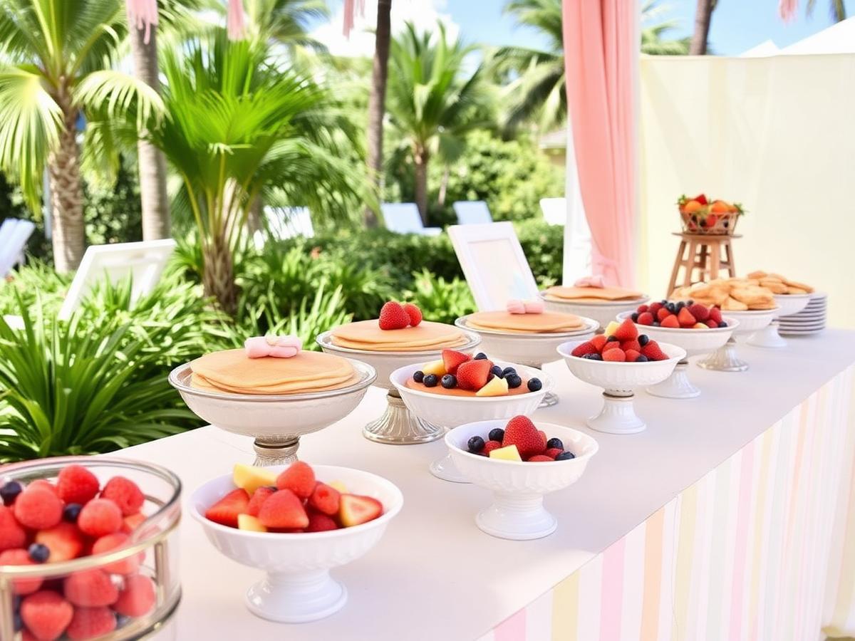 Live mini pancake bar set up at a Miami event with fresh fruit toppings